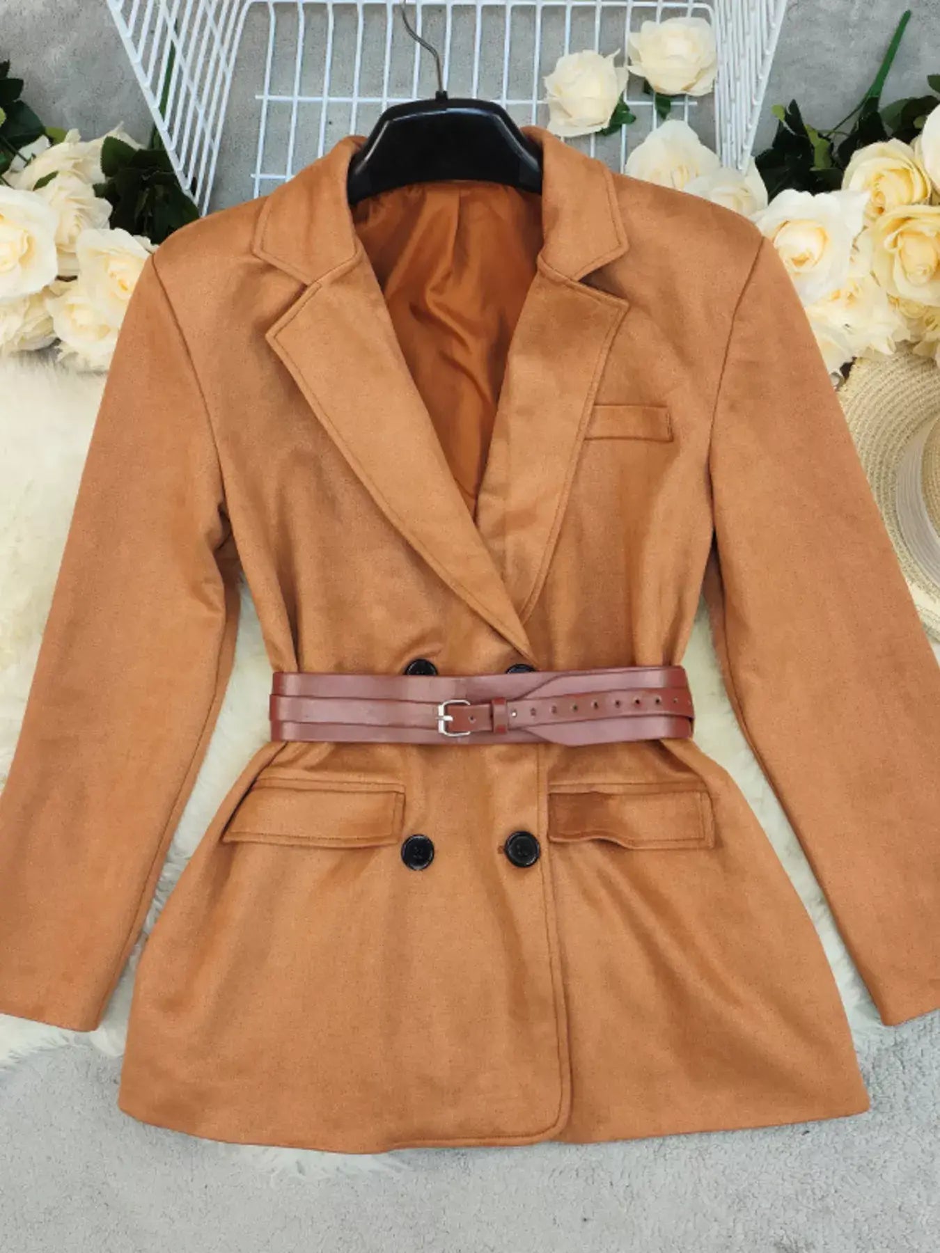 Double-Breasted Lapel Collar Blazer - Trendsi - Flyclothing LLC