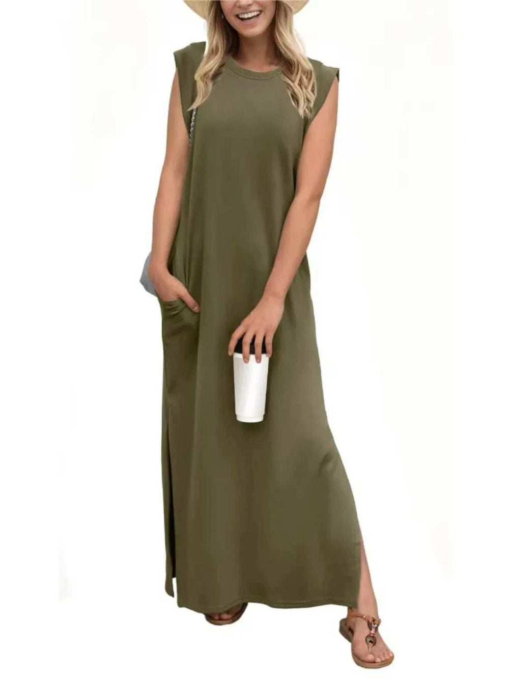 Full Size Slit Round Neck Sleeveless Maxi Tank Dress Plus Size - Trendsi - Flyclothing LLC