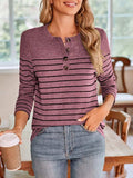 Lovelet Quarter Button Striped Round Neck Long Sleeve T-Shirt - Trendsi - Flyclothing LLC
