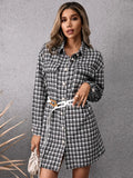 Pocketed Plaid Long Sleeve Mini Dress - Trendsi
