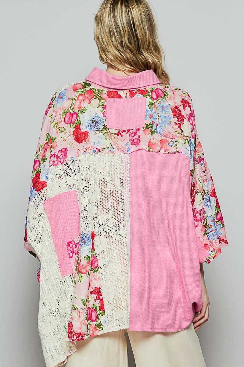 POL Thermal and Crochet Lace Mix Shirt with Floral Pattern - Trendsi - Flyclothing LLC