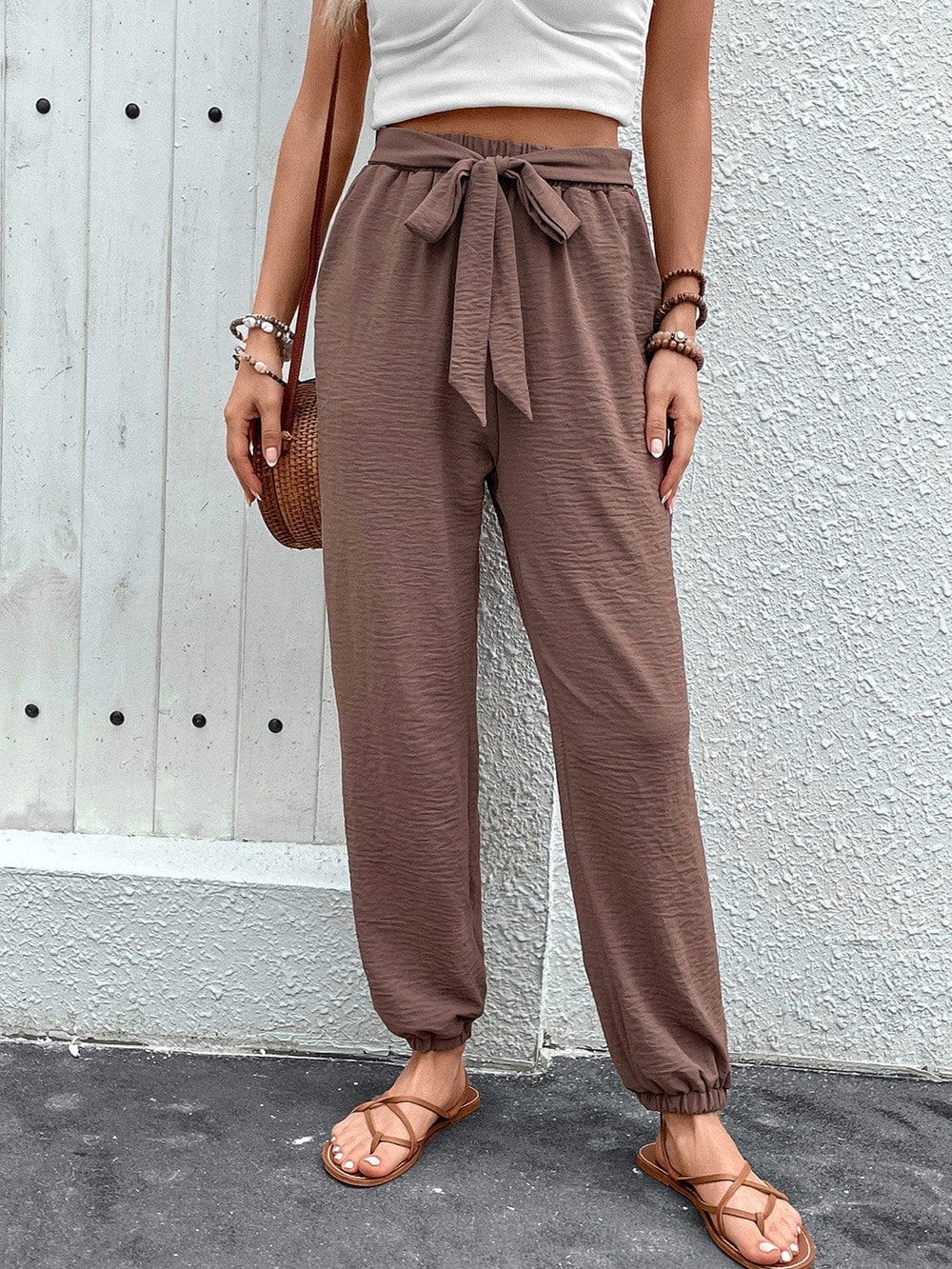 Tied High Waist Pants with Pockets Trendsi