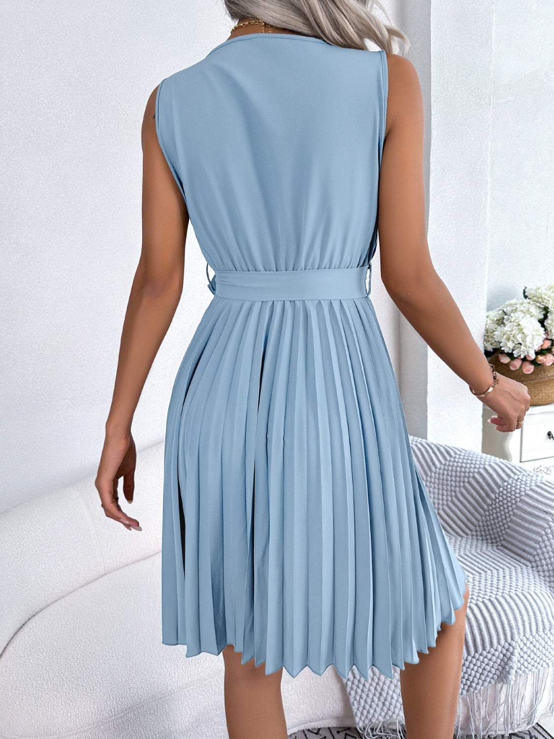 Tied Surplice Sleeveless Pleated Dress - Trendsi - Flyclothing LLC