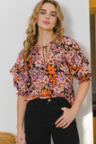 ODDI Full Size Floral Tie Neck Ruffled Blouse - Trendsi