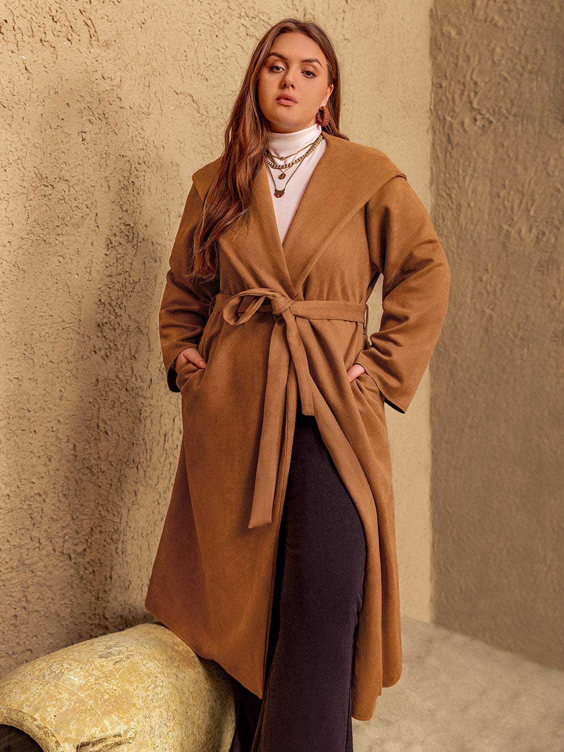 Plus Size Tied Long Sleeve Hooded Coat with Pockets - Trendsi - Flyclothing LLC