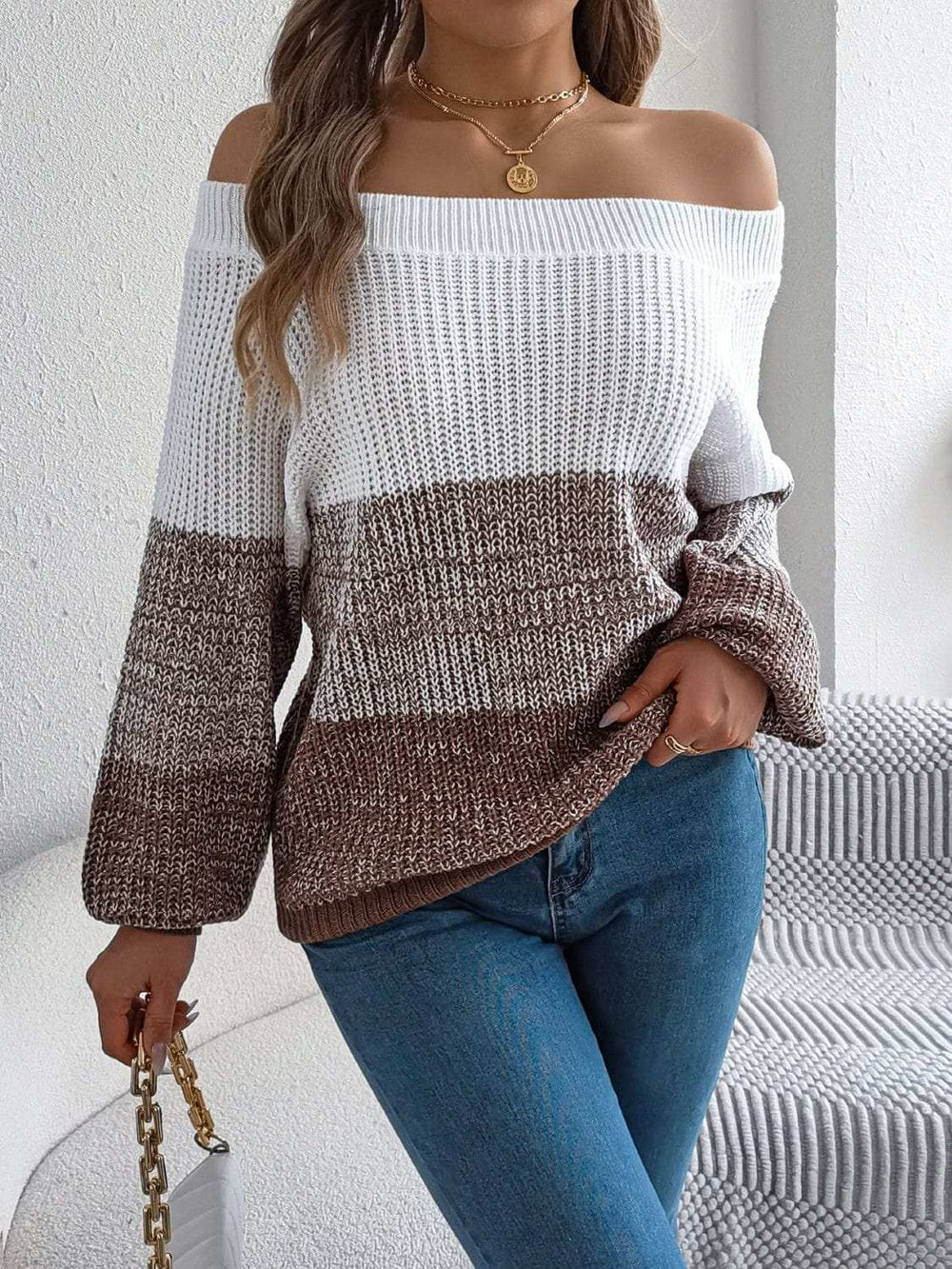 Color Block Off-Shoulder Long Sleeve Sweater - Trendsi - Flyclothing LLC