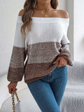 Color Block Off-Shoulder Long Sleeve Sweater - Trendsi - Flyclothing LLC