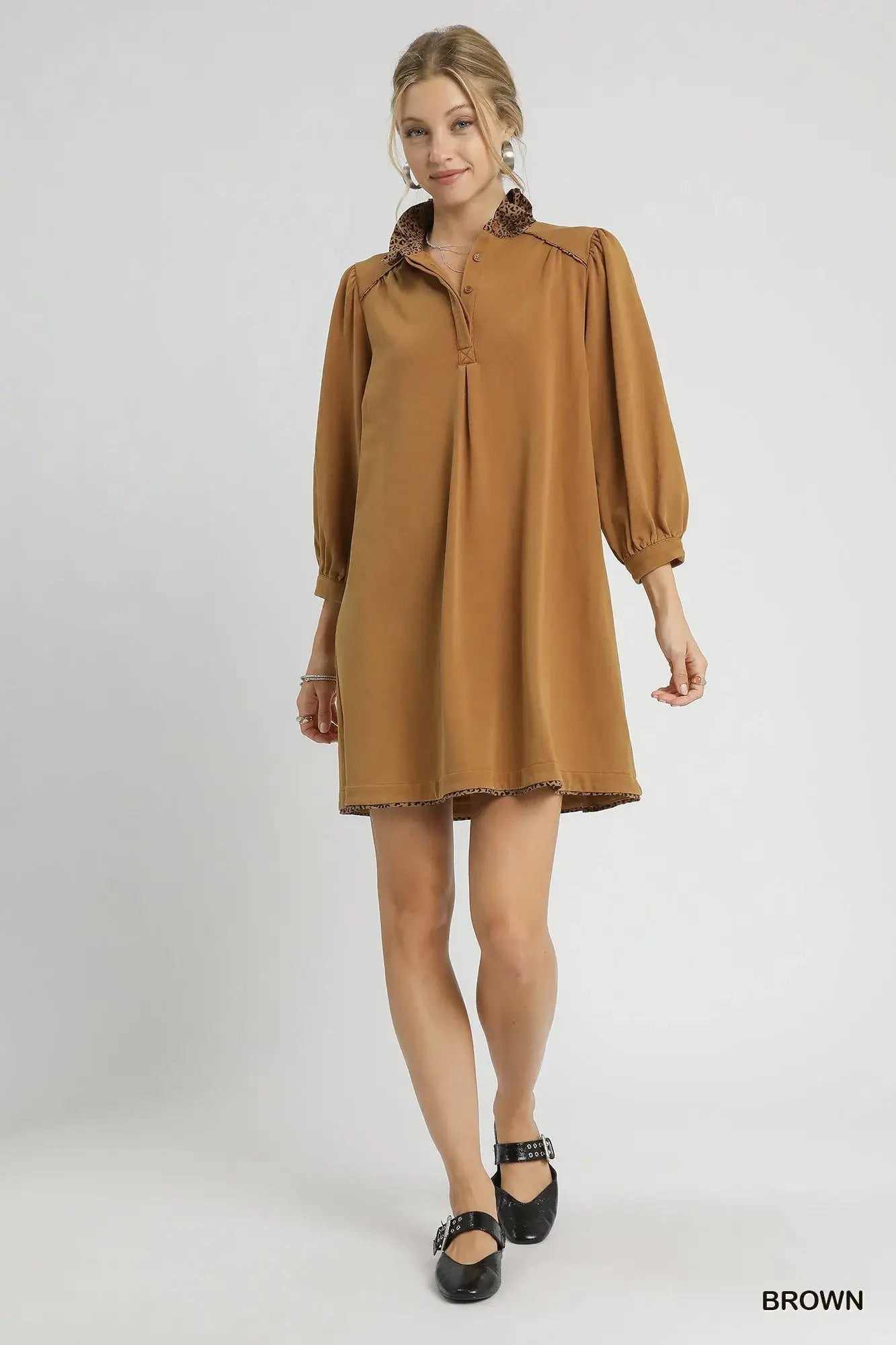 Umgee French Terry Balloon Sleeve Shift Dress with Leopard Print Detail - Trendsi - Flyclothing LLC