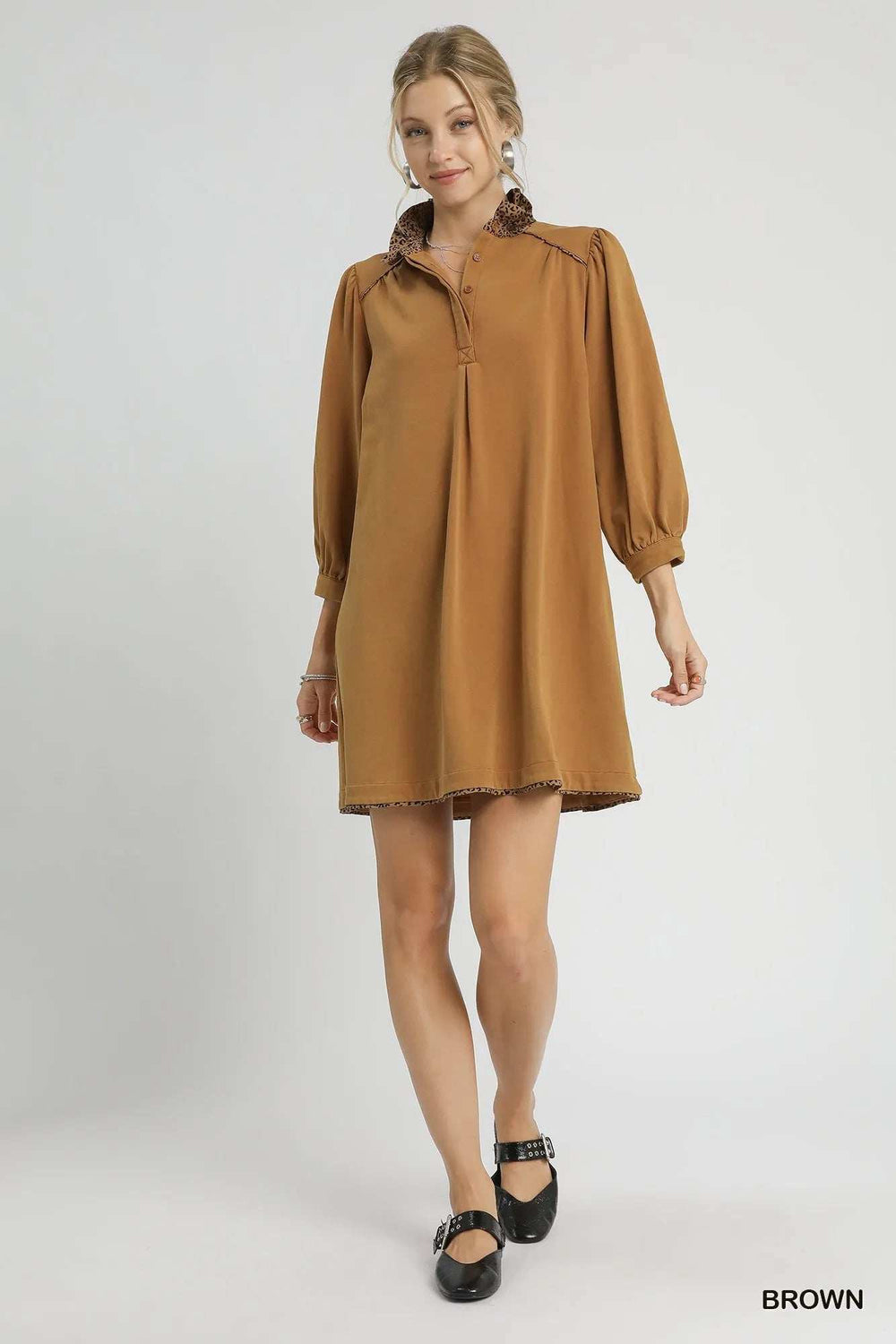 Umgee French Terry Balloon Sleeve Shift Dress with Leopard Print Detail - Trendsi - Flyclothing LLC
