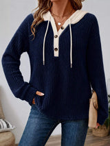 Full Size Drawstring Button Detail Hooded Sweater Plus Size - Trendsi - Flyclothing LLC
