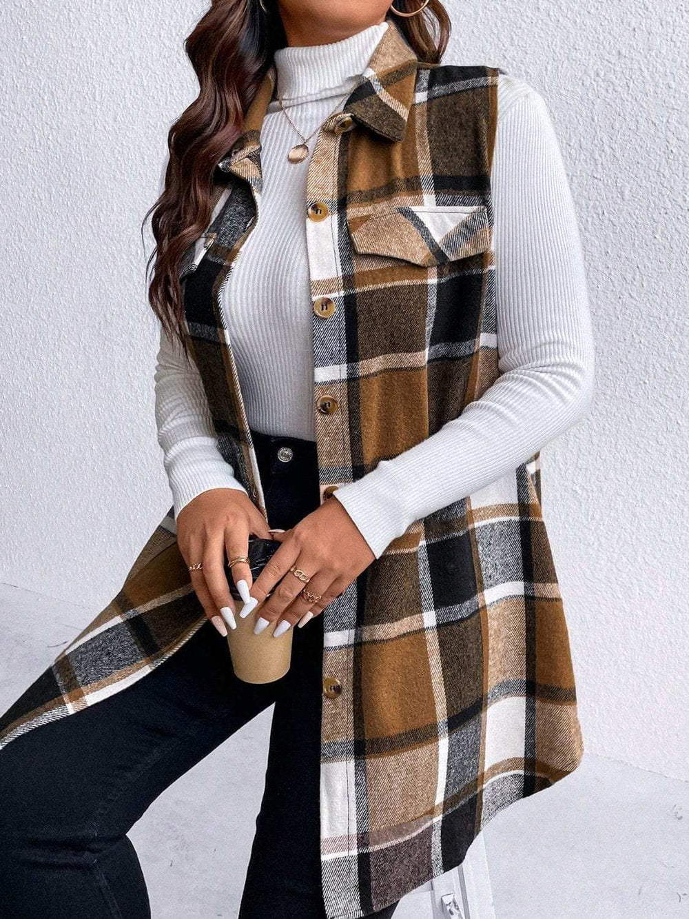 Honey Plus Size Pocketed Plaid Button Up Vest Coat - Trendsi - Flyclothing LLC