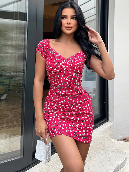 Printed V-Neck Short Sleeve Mini Dress - Trendsi