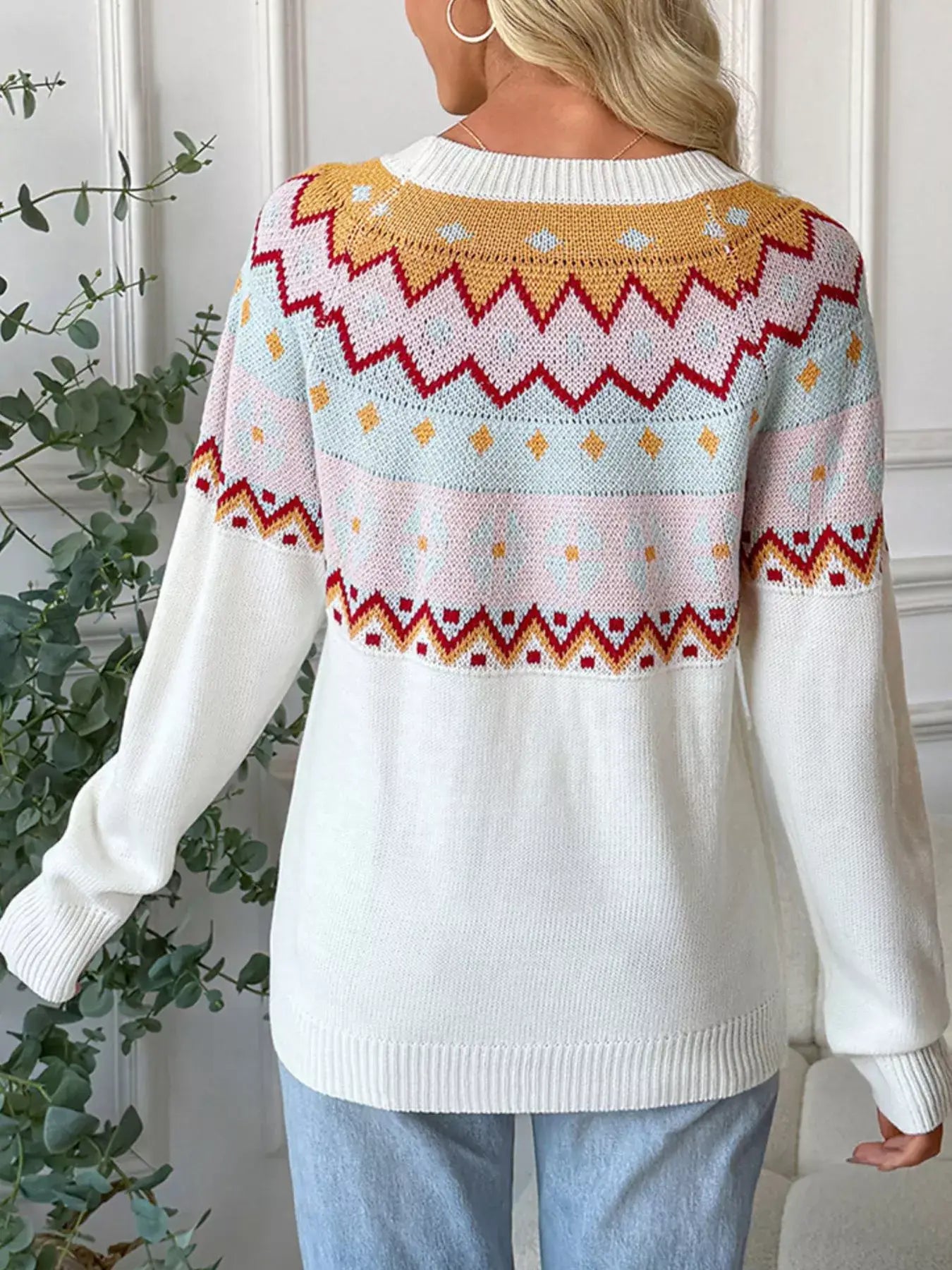 Contrast Round Neck Long Sleeve Sweater - Trendsi - Flyclothing LLC