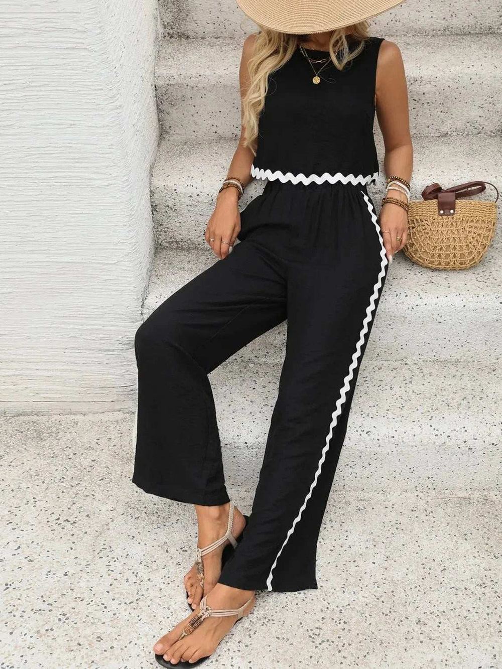 Round Neck Sleeveless Top and Pants Set - Trendsi - Flyclothing LLC