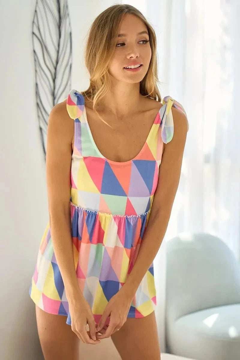 BiBi Multi Color Block Brushed Tied Ribbon Shoulder Top - Trendsi - Flyclothing LLC