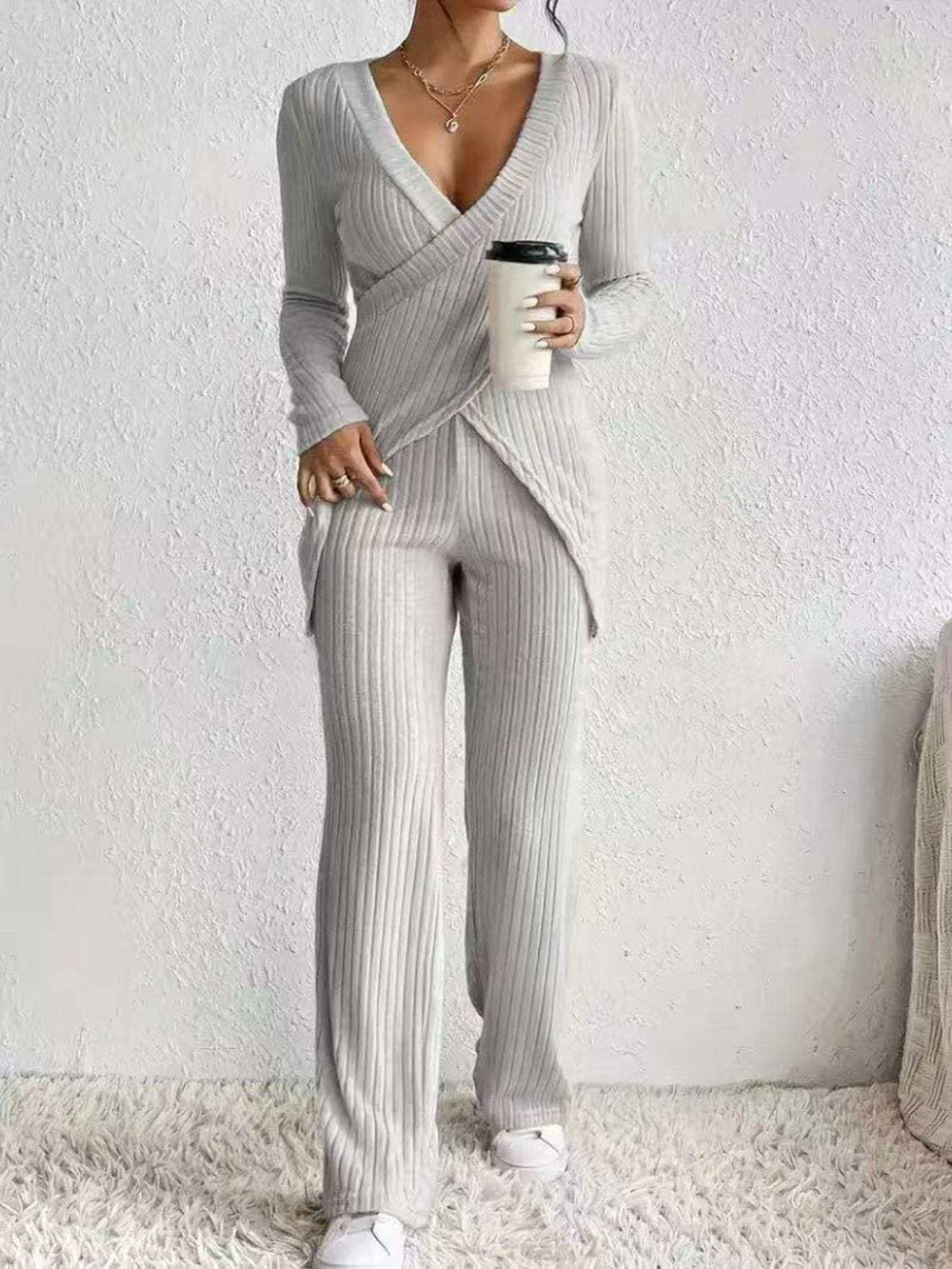 Surplice Long Sleeve Top and Pants Set - Trendsi - Flyclothing LLC