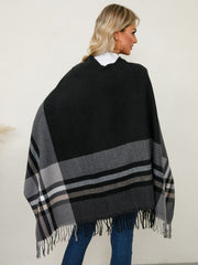 Fringe Contrast Plaid Poncho - Trendsi