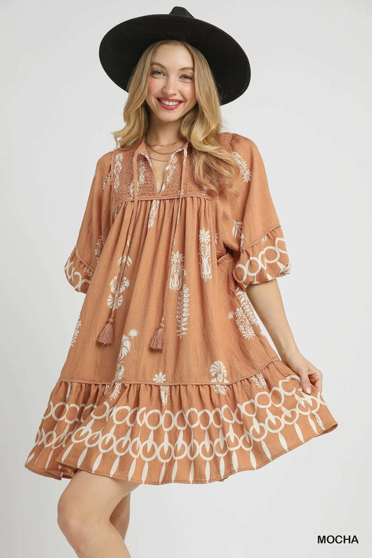 Umgee Boarder Print Tassel Tie Neck Mini Dress - Trendsi - Flyclothing LLC