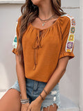 Perfee Tied Crochet Detail Short Sleeve Blouse - Trendsi