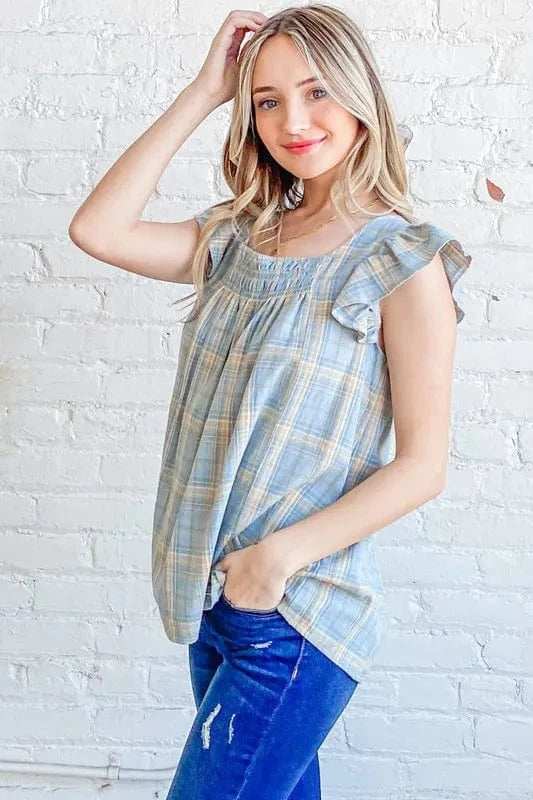 And The Why Plaid Print Smocked Detail Ruffle Baby Doll Top - Trendsi - Flyclothing LLC