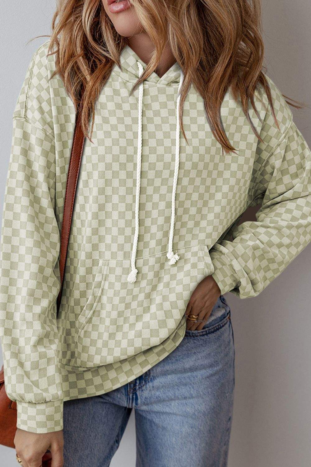 Checkered Print Kangaroo Pocket Drawstring Hoodie - Trendsi - Flyclothing LLC