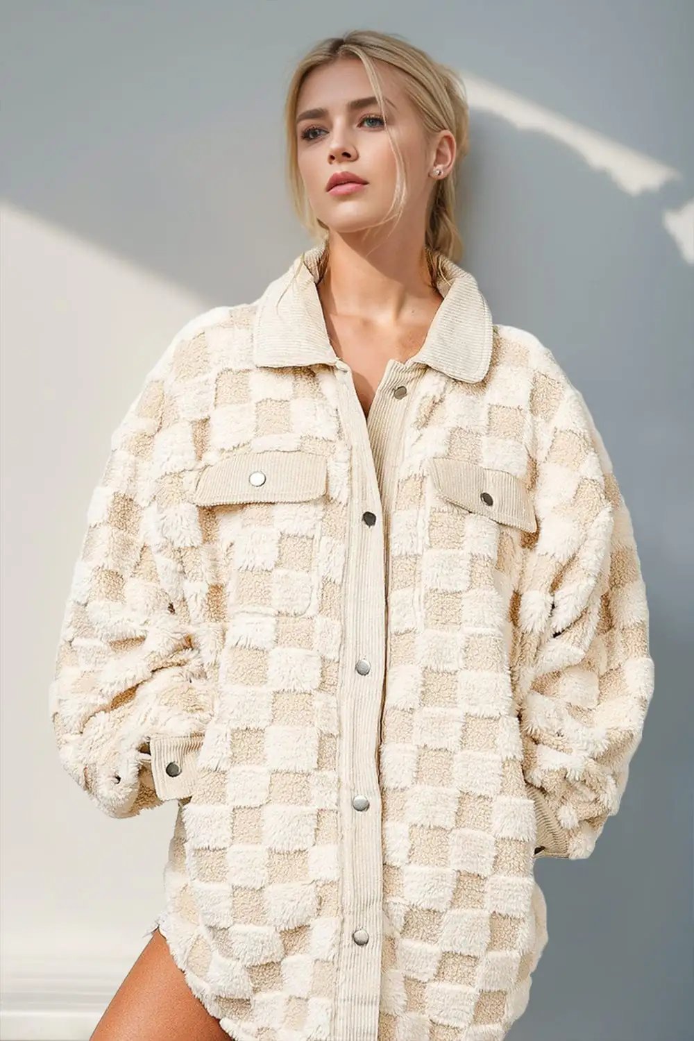 Double Take Button Up Fuzzy Checkered Shacket - Trendsi