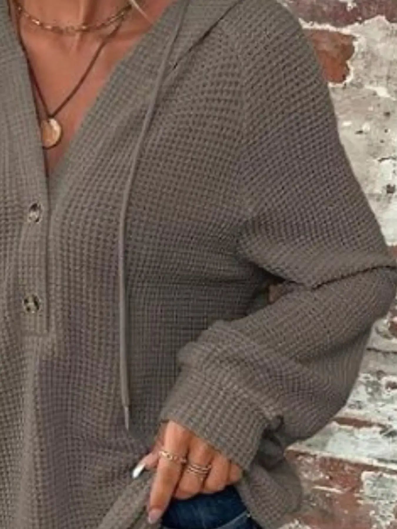 Waffle Knit Button Detail Hoodie - Trendsi - Flyclothing LLC
