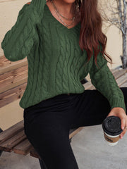 Honey Cable-Knit V-Neck Cold Shoulder Sweater - Trendsi