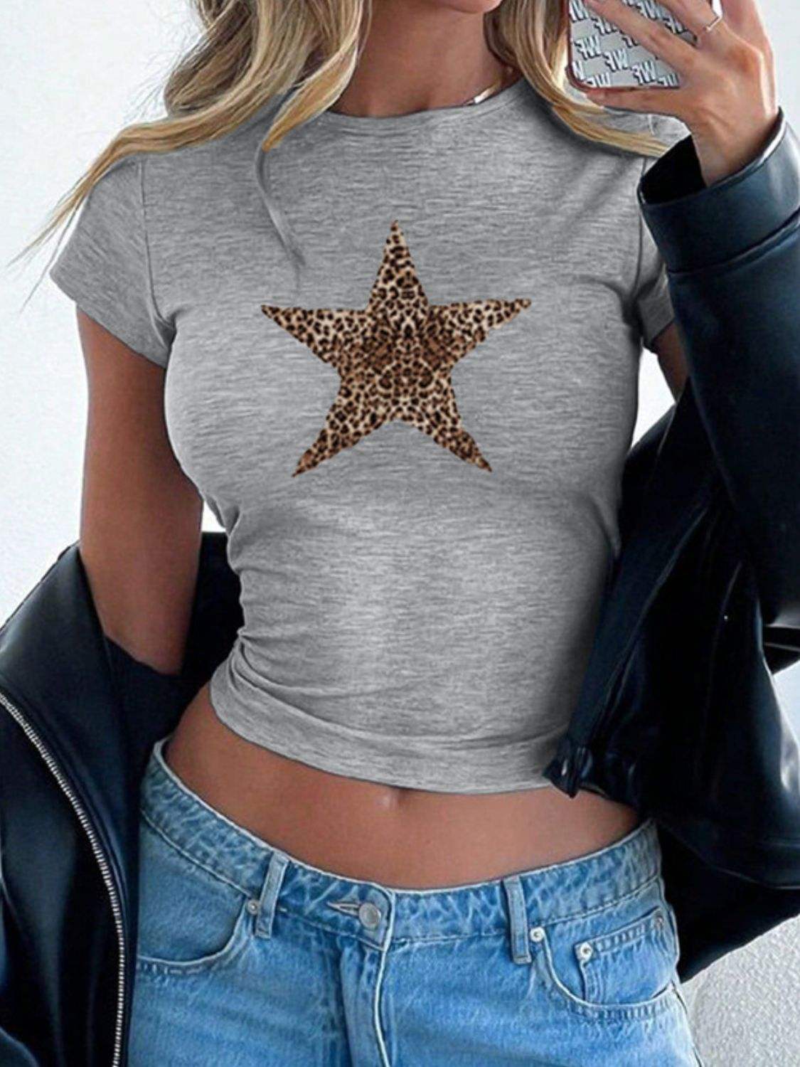 Devine Star Round Neck Short Sleeve T-Shirt - Trendsi - Flyclothing LLC