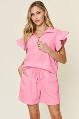 Double Take Full Size Texture Flounce Sleeve Top and Drawstring Shorts Set - Trendsi - Flyclothing LLC