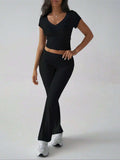 Devine V-Neck Top and Bootcut Leggings Set - Trendsi - Flyclothing LLC
