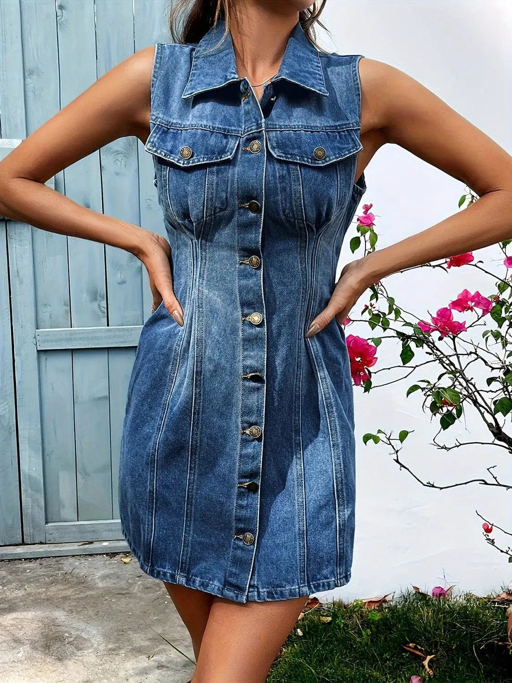 Pocketed Button Up Sleeveless Denim Dress - Trendsi