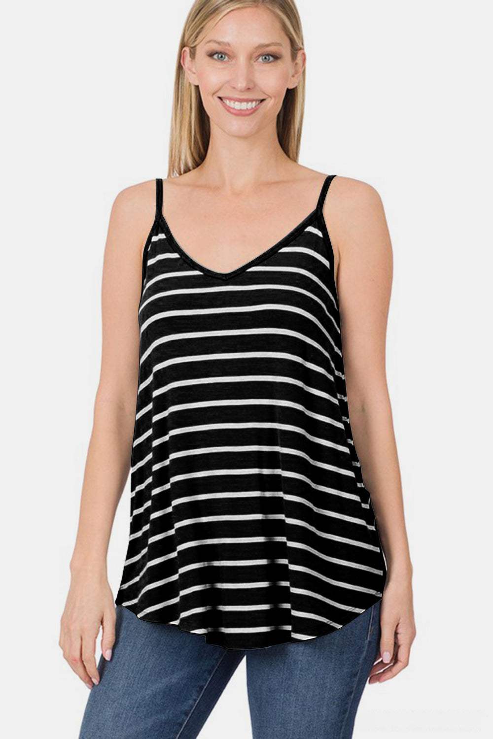 Zenana Striped V-Neck Curved Hem Cami - Trendsi - Flyclothing LLC