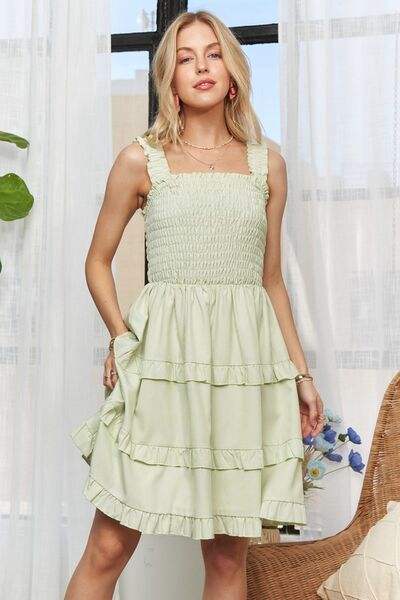 ADORA Smocked Ruffled Wide Strap Mini Dress - Trendsi - Flyclothing LLC