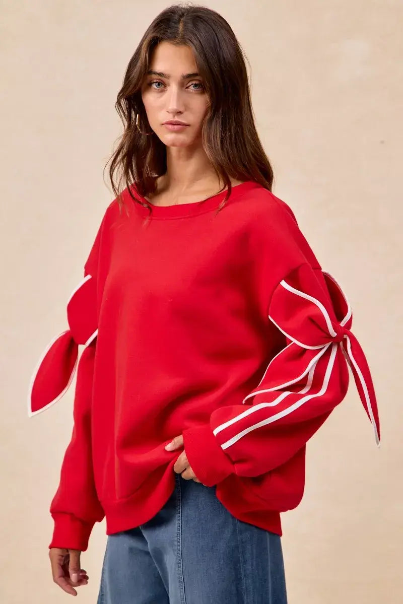 BiBi Bow Detail Sleeves Fleece Sweatshirt - Trendsi - Flyclothing LLC