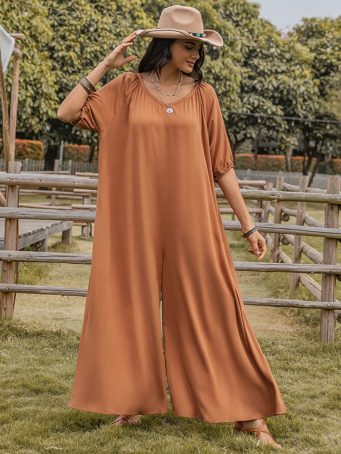 Scoop Neck Half Sleeve Wide Leg Jumpsuit - Trendsi - Flyclothing LLC