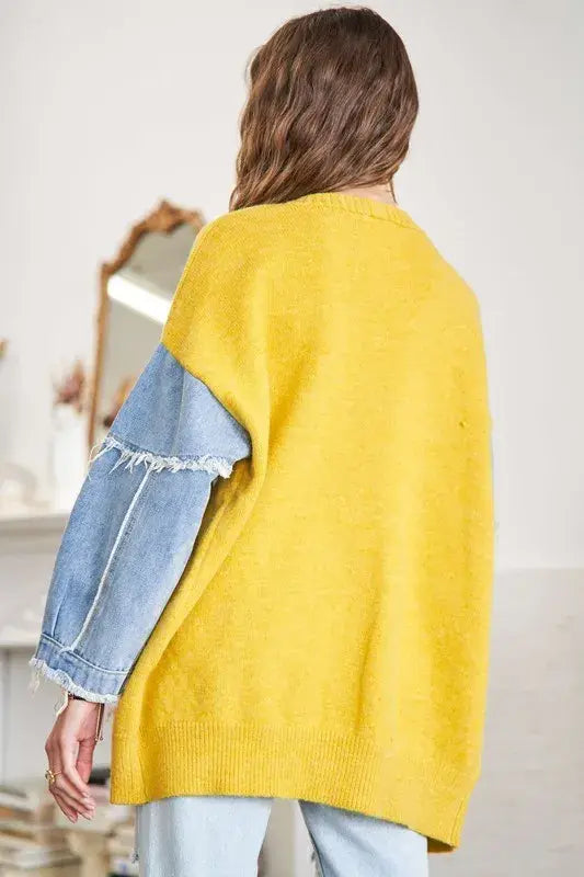 ADORA Full Size Frayed Denim Sleeve Sweater Cardigan Plus Size - Trendsi - Flyclothing LLC