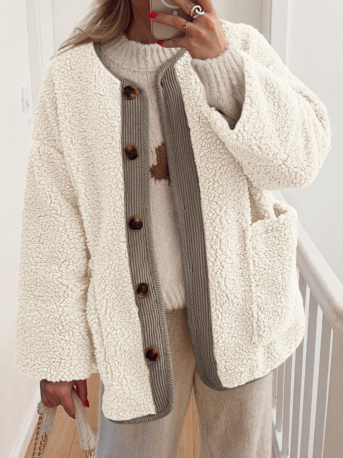 Contrast Button Up Sherpa Jacket with Pockets - Trendsi - Flyclothing LLC