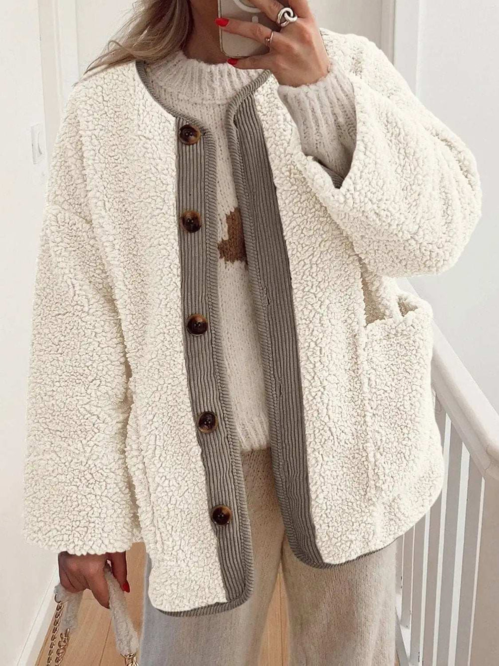 Contrast Button Up Sherpa Jacket with Pockets - Trendsi - Flyclothing LLC