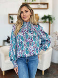 Double Take Full Size Printed Smocked Long Sleeve Blouse - Trendsi - Flyclothing LLC