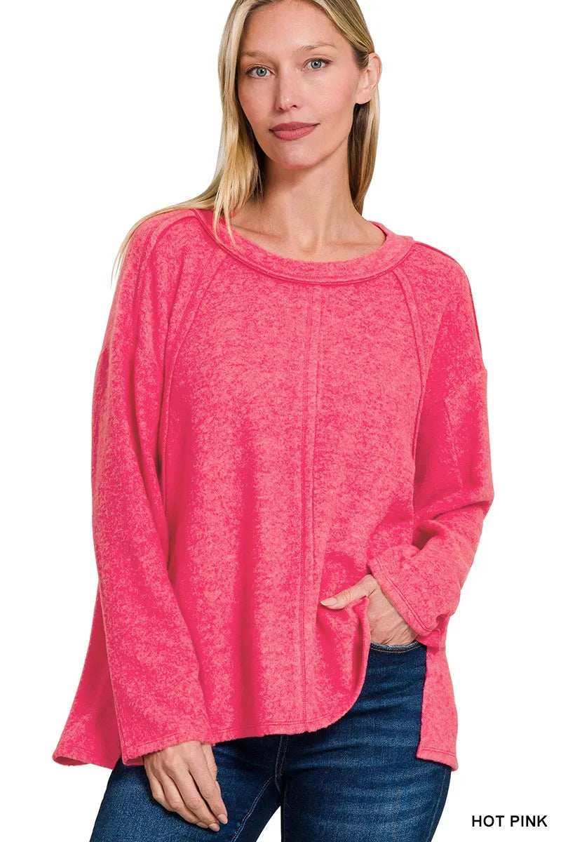 Zenana Brushed Hacci Exposed Seam Hi Low Sweater - Trendsi - Flyclothing LLC