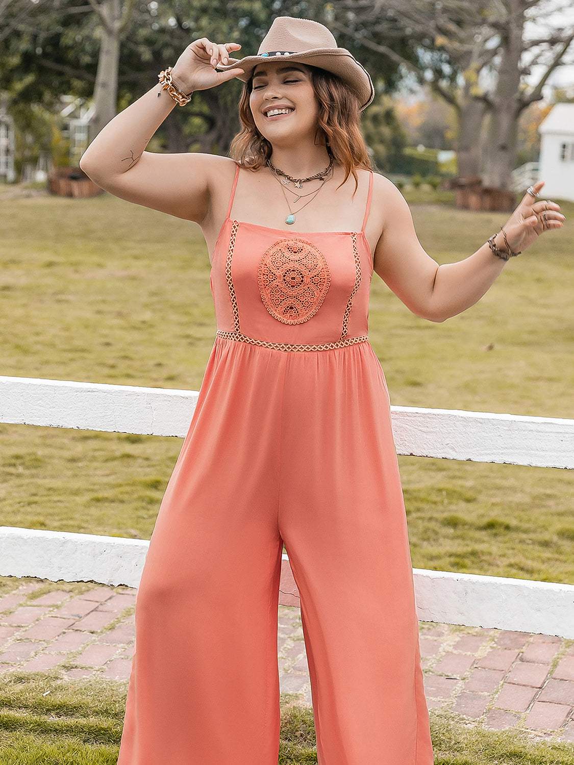Plus Size Lace Detail Spaghetti Strap Wide Leg Jumpsuit - Trendsi - Flyclothing LLC