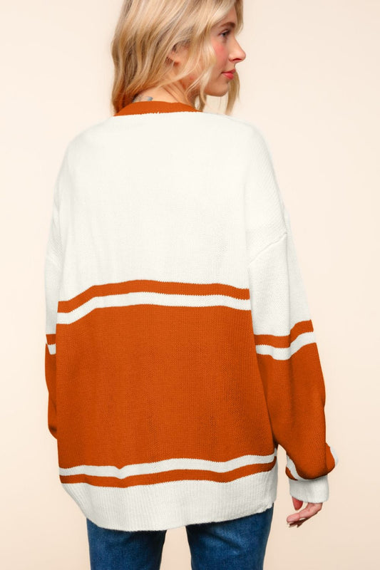 Haptics Full Size V Neck Button Down Letter Patch Cardigan - Trendsi