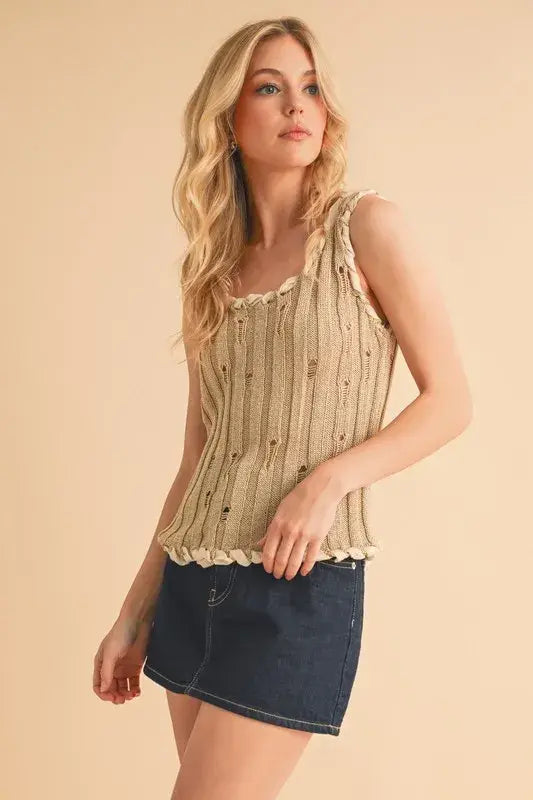 Aemi+Co Distressed Detail Round Neck Knit Tank - Trendsi - Flyclothing LLC
