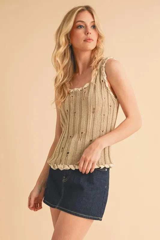 Aemi+Co Distressed Detail Round Neck Knit Tank - Trendsi - Flyclothing LLC