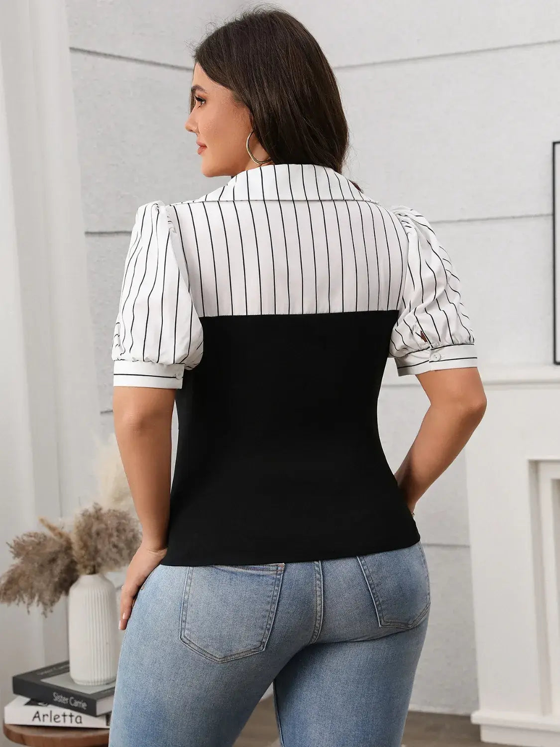 Plus Size Striped Johnny Collar Short Sleeve Blouse - Trendsi - Flyclothing LLC