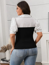 Plus Size Striped Johnny Collar Short Sleeve Blouse - Trendsi - Flyclothing LLC