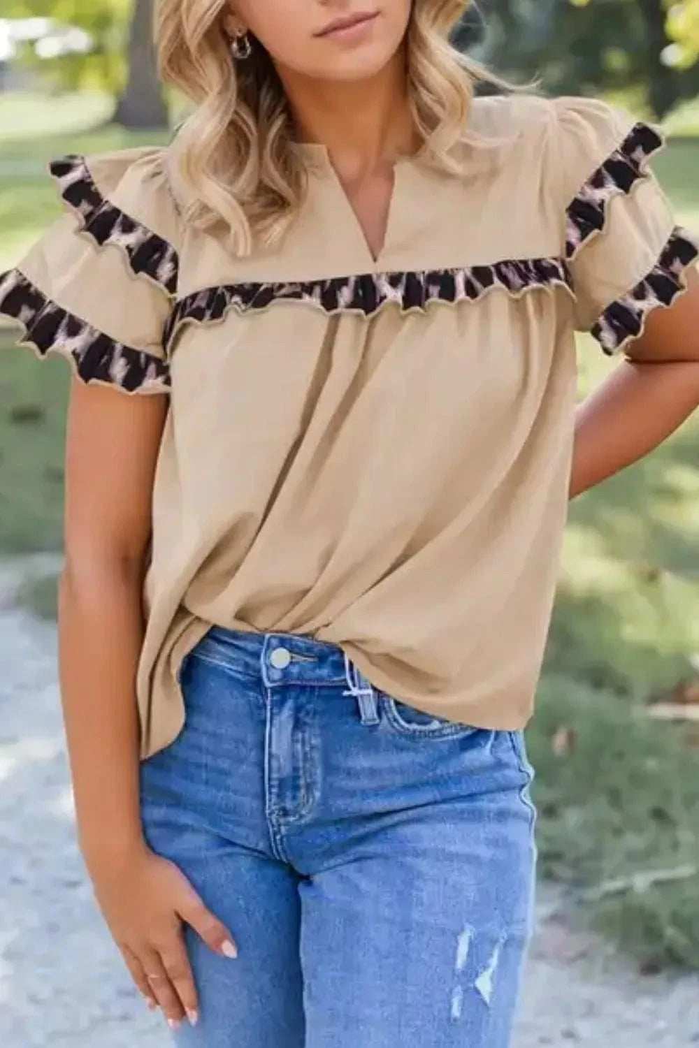 Leopard Frill Short Sleeve Blouse - Trendsi - Flyclothing LLC
