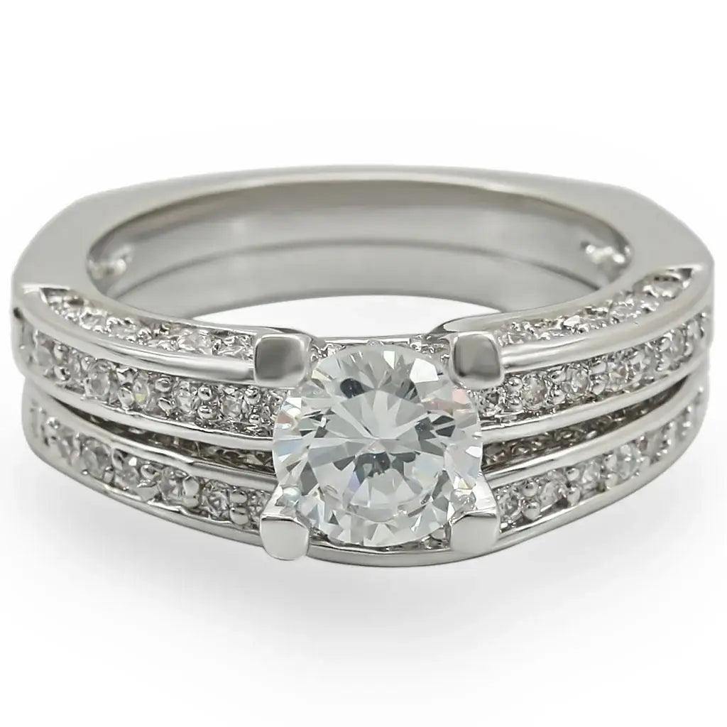 1W004 - Rhodium Brass Ring with AAA Grade CZ in Clear - Alamode - Flyclothing LLC