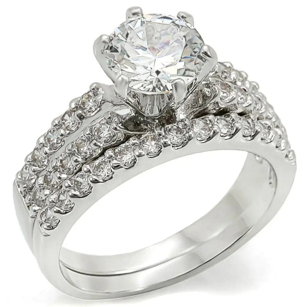 1W009 - Rhodium Brass Ring with AAA Grade CZ  in Clear - Alamode